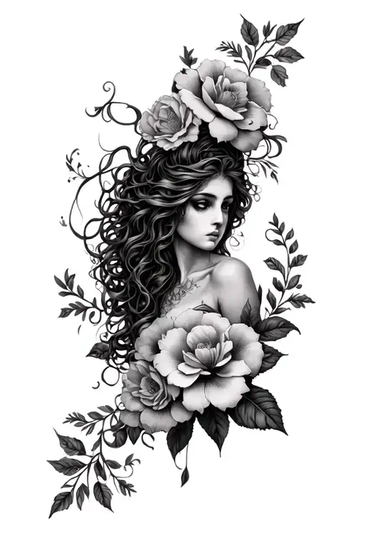 leg sleeve, including Medusa flowers, feminine gothic  tattoo design idea