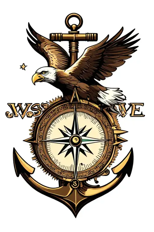 Compact Eagle (Above the Compass), Compass (Centerpiece), Anchor (Below the Compass) tattoo design idea