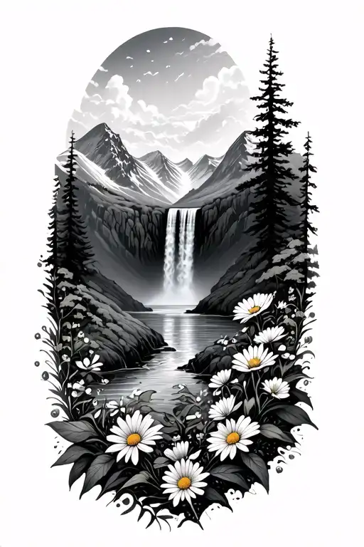 mountain waterfall wildflowers tattoo design idea