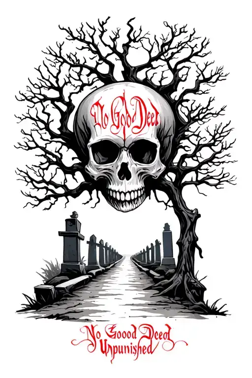 Skull tree on the bank of the road leading into the cemetery with words written in blood No Good Deed Goes Unpunished  tattoo design idea