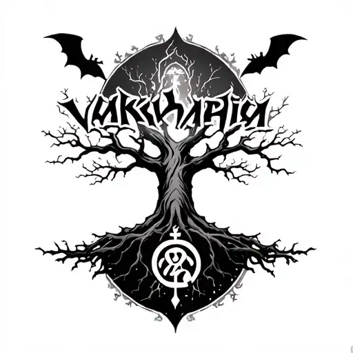 "Vakharia " tree with bats on top of it and a Hindu symbol intertwined tattoo design idea