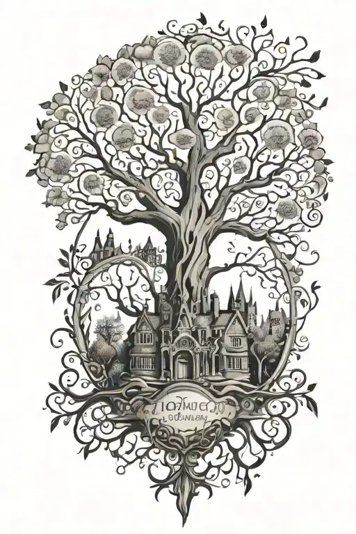 gothic family tree surrounded tattoo design idea