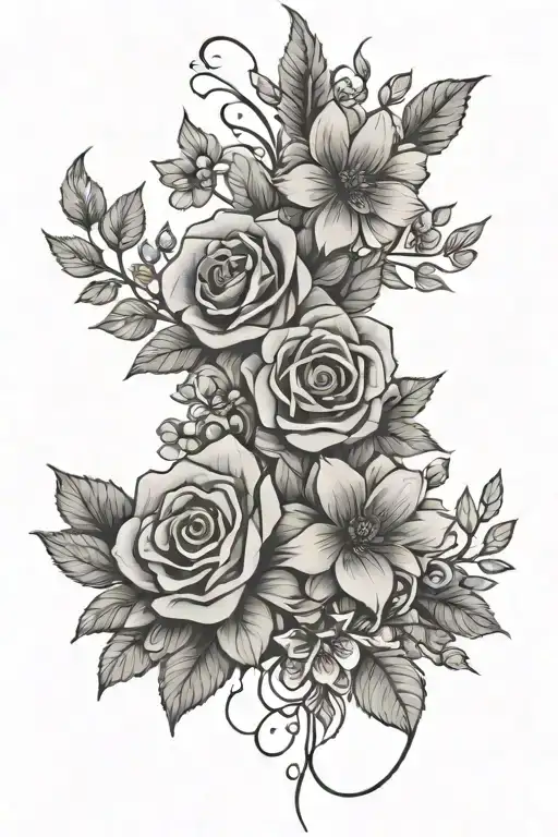 line of flowers down spine with little ornaments used tattoo design idea