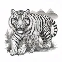 Tiger with 2 cubs against the background of forest and mountains tattoo design idea