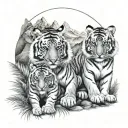 Tiger with 2 cubs against the background of forest and mountains tattoo design idea