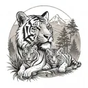 Tiger with 2 cubs against the background of forest and mountains tattoo design idea
