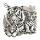 Tiger with 2 cubs against the background of forest and mountains tattoo design idea