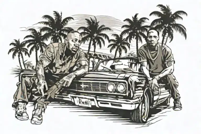 dr.dre and 2pac, 1964 impala, palms rising sun setting tattoo design idea