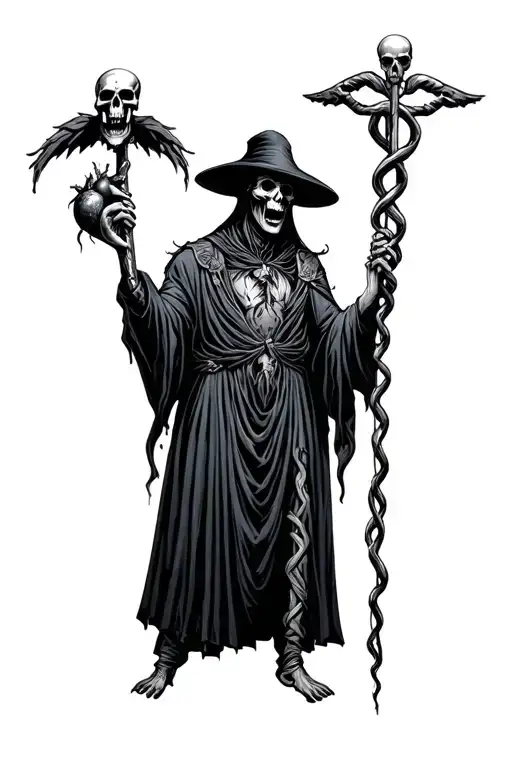 zombie plague doctor holding rod of asclepius with skull or human heart in other hand  tattoo design idea