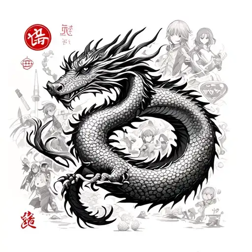 Taiwanese dragon intertwined with video game elements and golf symbols, anime characters in the background tattoo design idea