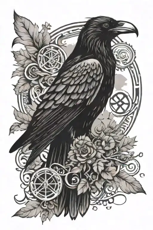 Design a Nordic-style tattoo with a raven above the Gemini sign, surrounded by Nordic runes. Incorporate nature elements tattoo design idea