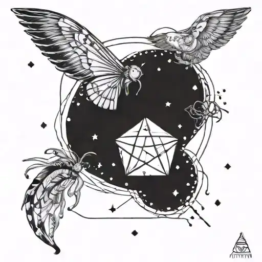 Craft a small tattoo design with the constellations for Aries, Sagittarius, and Virgo combined with an infinity loop, using only black ink and an artistic touch tattoo design idea