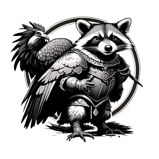 medeival raccoon knight holding a turkey vulture  tattoo design idea