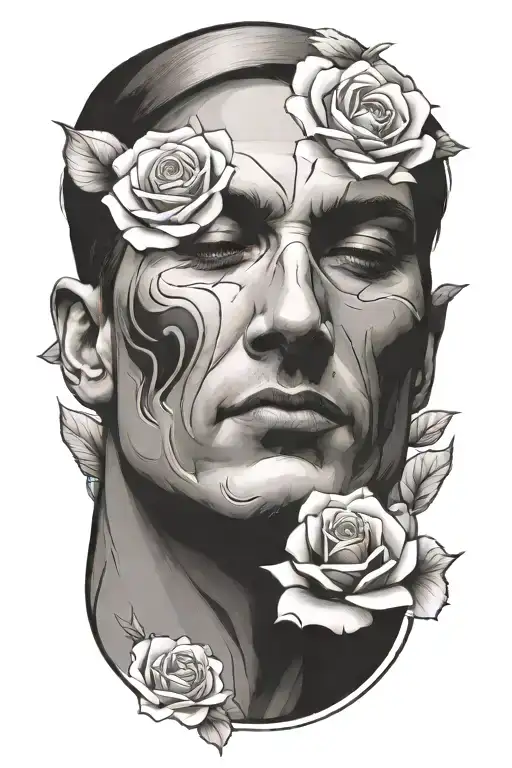 elegant mans face surrounded by roses tattoo design idea