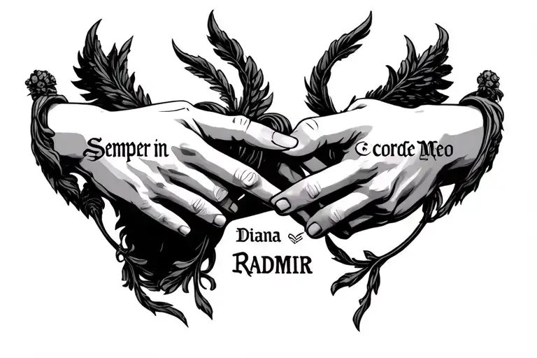 Sister and younger brother hold the hands of the Semper in Corde Meo inscription from below the Diana Radmir names tattoo design idea