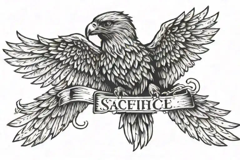 hawk spreading its wings looking straight ahead with word sacrifice above its head tattoo design idea