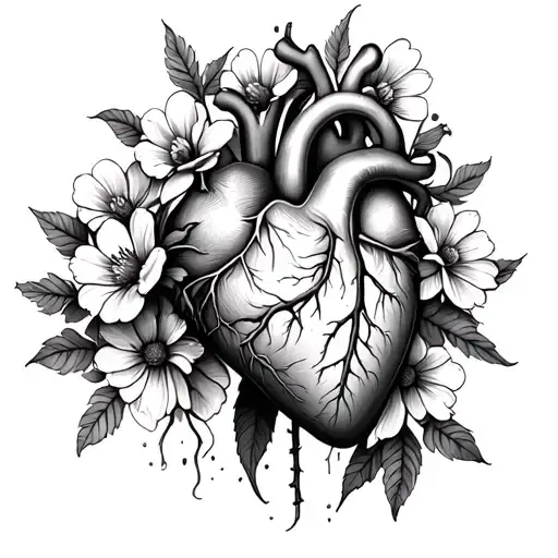 anatomical heart with flowers coming out of it. also add some stems  tattoo design idea