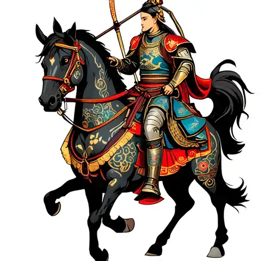archer, japanese, oni armor, slightly demonic, riding horse tattoo design idea