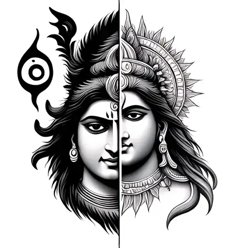 Create an image of  tattoo where one side shows Lord Shiva symbol and another one Lord Vishnu symbol on it  tattoo design idea
