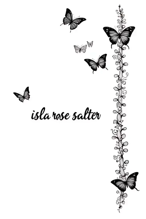 "isla rose salter" butterflies at the top of my spine with vertical writing saying isla rose salter down the middle of my spine tattoo design idea