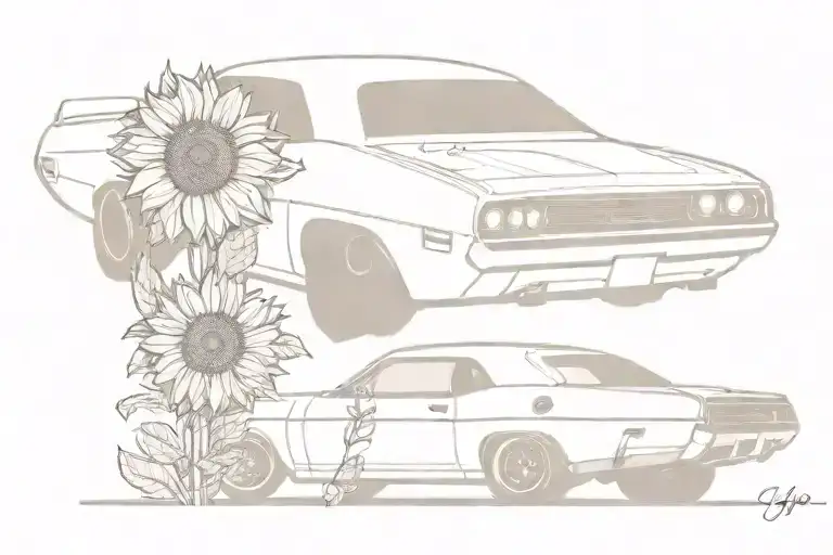 70's dodge challenger and sunflowers tattoo design idea
