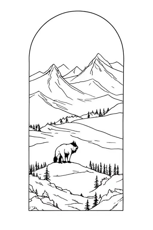 a real Wolverine animal overlooking mountain and forest to the right  tattoo design idea