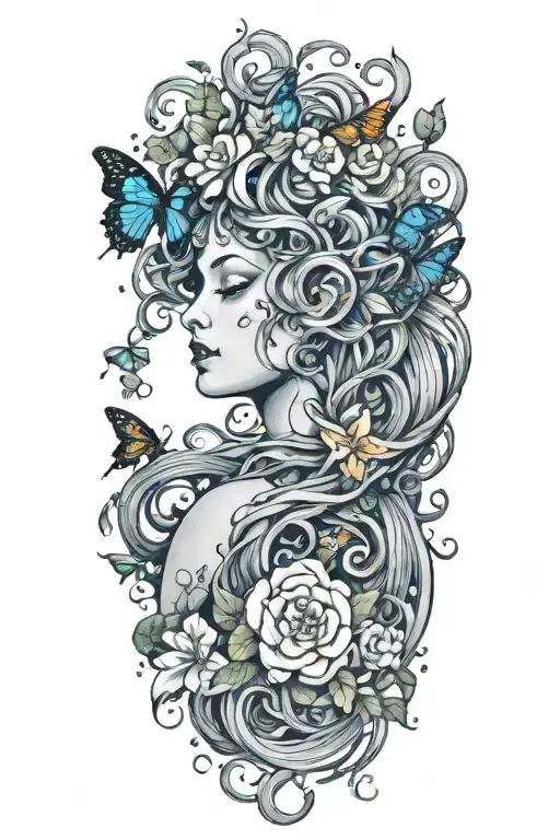 medusa with flowers surrounding her and butterflies  tattoo design idea