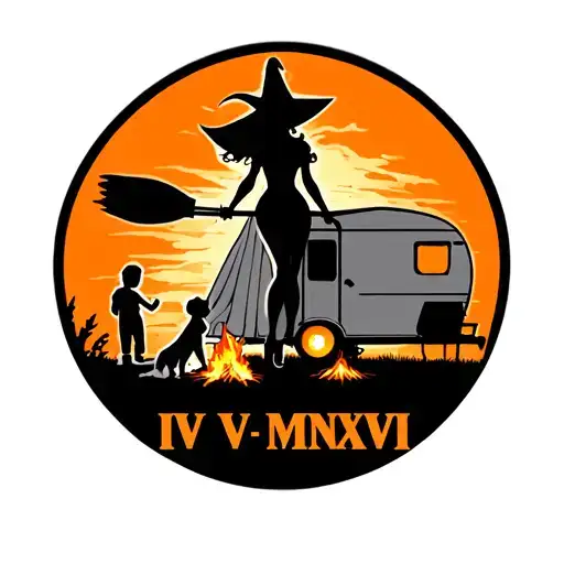 "IV V MMXIV" "IV V MMXIV" silhouette of busty sexy witch bride on broomstick over a campsite with a trailer and campfire with children & dog tattoo design idea