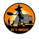 "IV V MMXIV" "IV V MMXIV" silhouette of busty sexy witch bride on broomstick over a campsite with a trailer and campfire with children & dog tattoo design idea