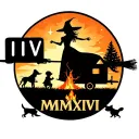 "IV V MMXIV" "IV V MMXIV" silhouette of busty sexy witch bride on broomstick over a campsite with a trailer and campfire with children & dog tattoo design idea