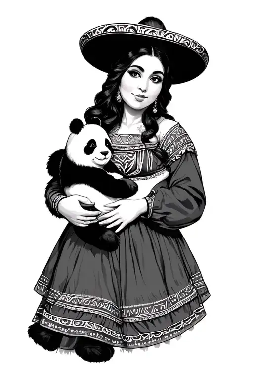 Women dressed in traditional Mexican attire holding in arms like a baby bubu the panda tattoo design idea