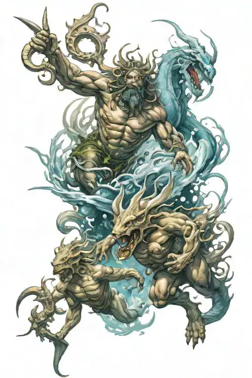 Underwater battle of creatures against mythological gods tattoo design idea