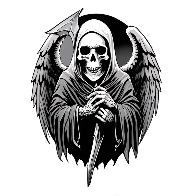 death hooded reaper with wings and scythe hanging tattoo design idea