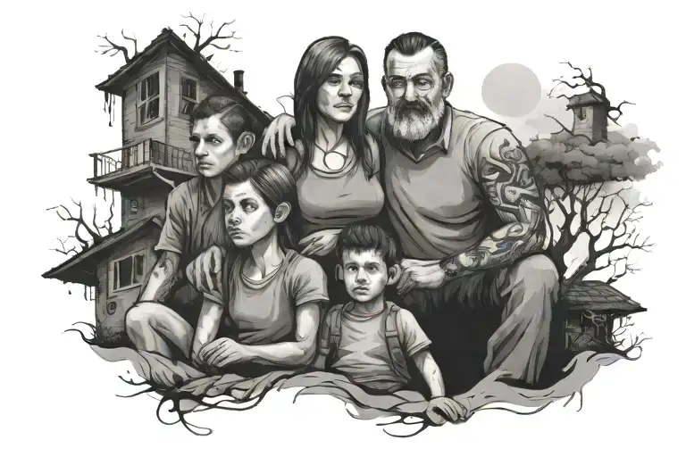 family consisting of father, mother and 10 year old son who find themselves in a house full of mold tattoo design idea