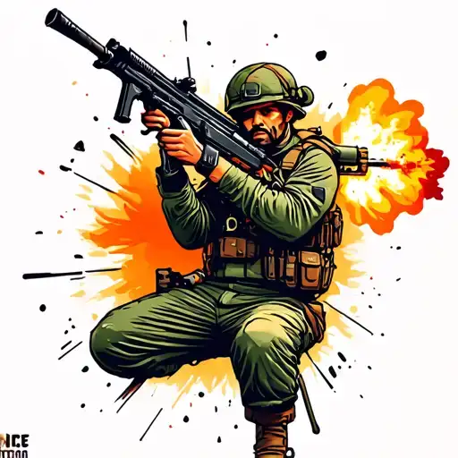 Classic design, colours orange purple pink red green white gold, soldier firing his assaultrifle in Iraq  tattoo design idea