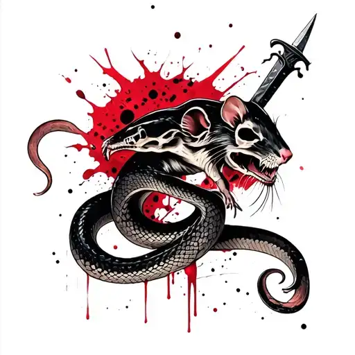 snake eating rat with dagger and skulls tattoo design idea