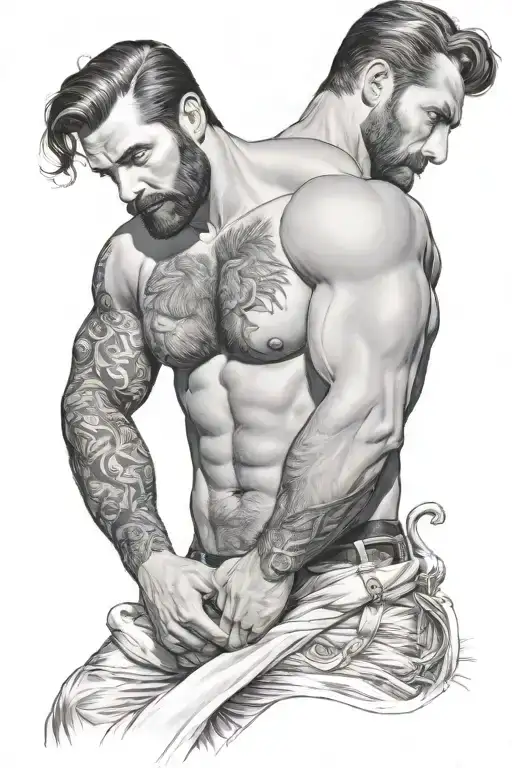 gay, hairy, muscle, male pinup, beard, big bulge, tom of finland style, nautical merman style tattoo design idea