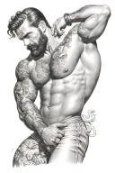 gay, hairy, muscle, male pinup, beard, big bulge, tom of finland style, nautical merman style tattoo design idea