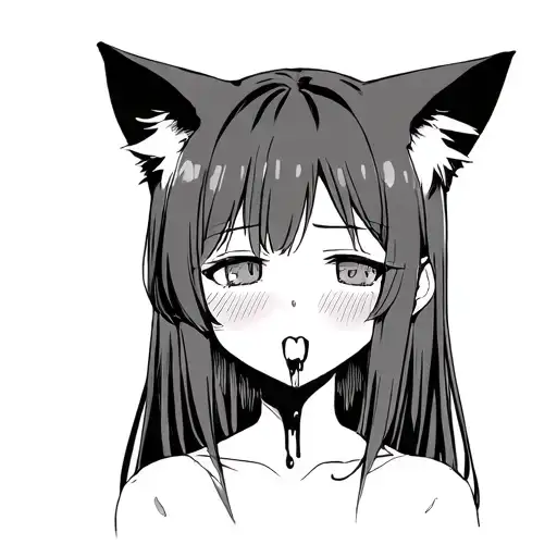 girl with cat ears and with long hair looking forward with ahegao face. she is blushing some drool dripping down tongue tattoo design idea
