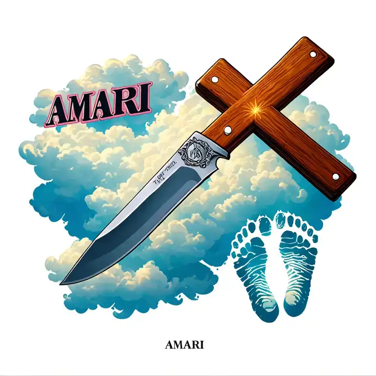 Knife like a cross surrounded with clouds and footprint of baby and a name AMARI tattoo design idea