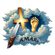 Knife like a cross surrounded with clouds and footprint of baby and a name AMARI tattoo design idea