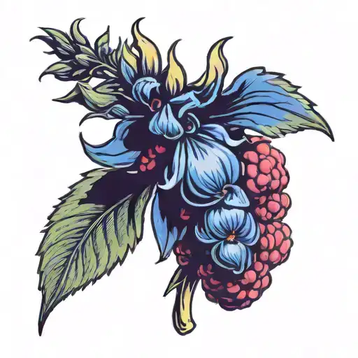 a full bluebonnet flower Sorrounded by raspberries. masculine tattoo design idea
