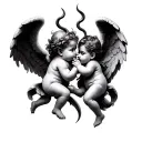 cherub angel and cherub devil whispering into and ear tattoo design idea