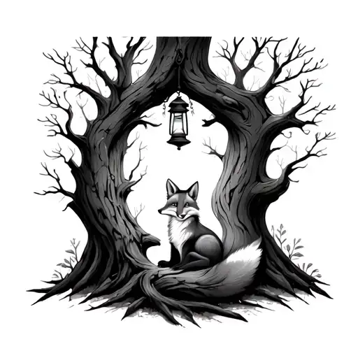Fox in the Forest – A fox curled up beneath a lantern hanging from a gnarled tree, creating a cozy, mysterious woodland  tattoo design idea
