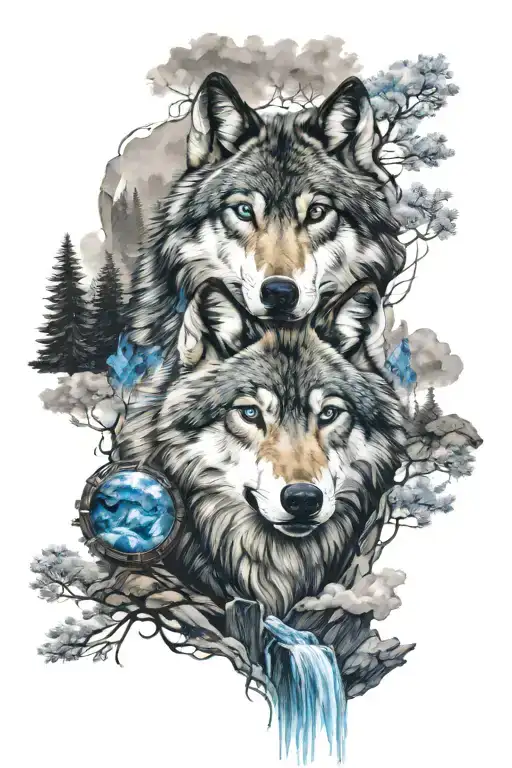 wolf with blue eyes face and surrounded by forest mountain and waterfall tattoo design idea