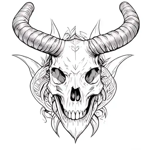Black and white, Skull of an capricorn from the Front, long horns,  white background, art by Hand, Fine Lines, tattoo de tattoo design idea
