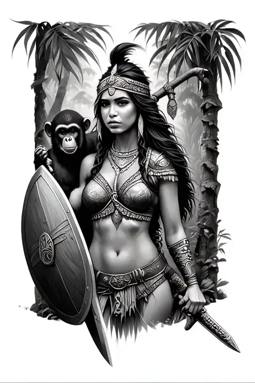 amazonian warrior woman with monkey on shoulder holding with sword and shield in jungle tattoo design idea