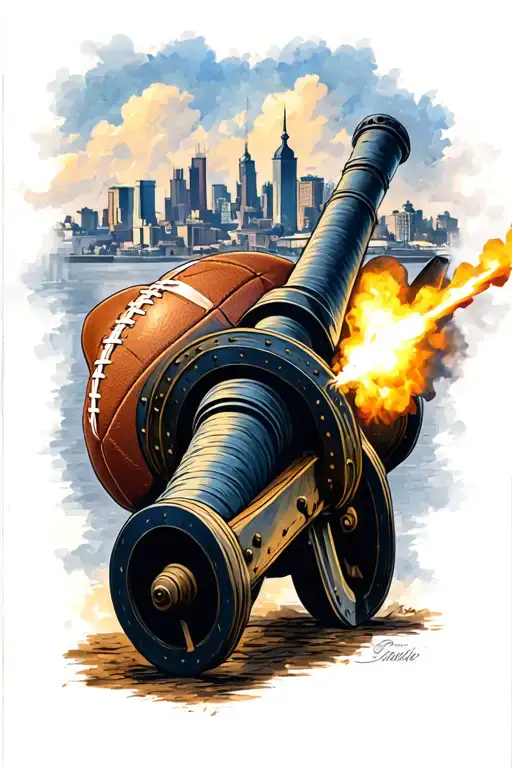 A civil war cannon firing a football with the Gothenburg skyline in the background tattoo design idea