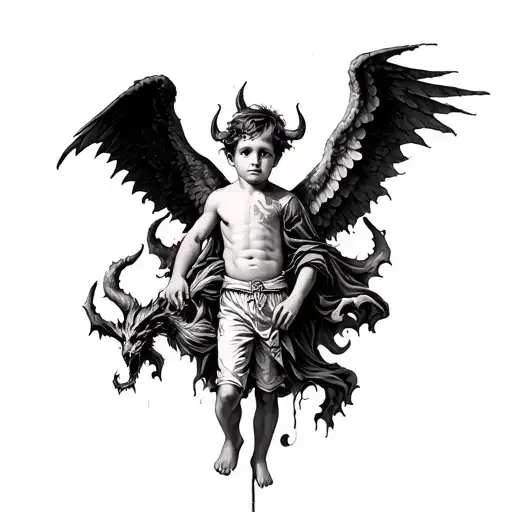 Tattoo design combines the devil on the right and the angel on the left and the boy in the center where the devil and th tattoo design idea