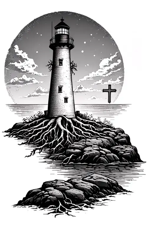 lighthouse with roots running down, built on top of rocks, with a cross hidden in the sunset in the background tattoo design idea